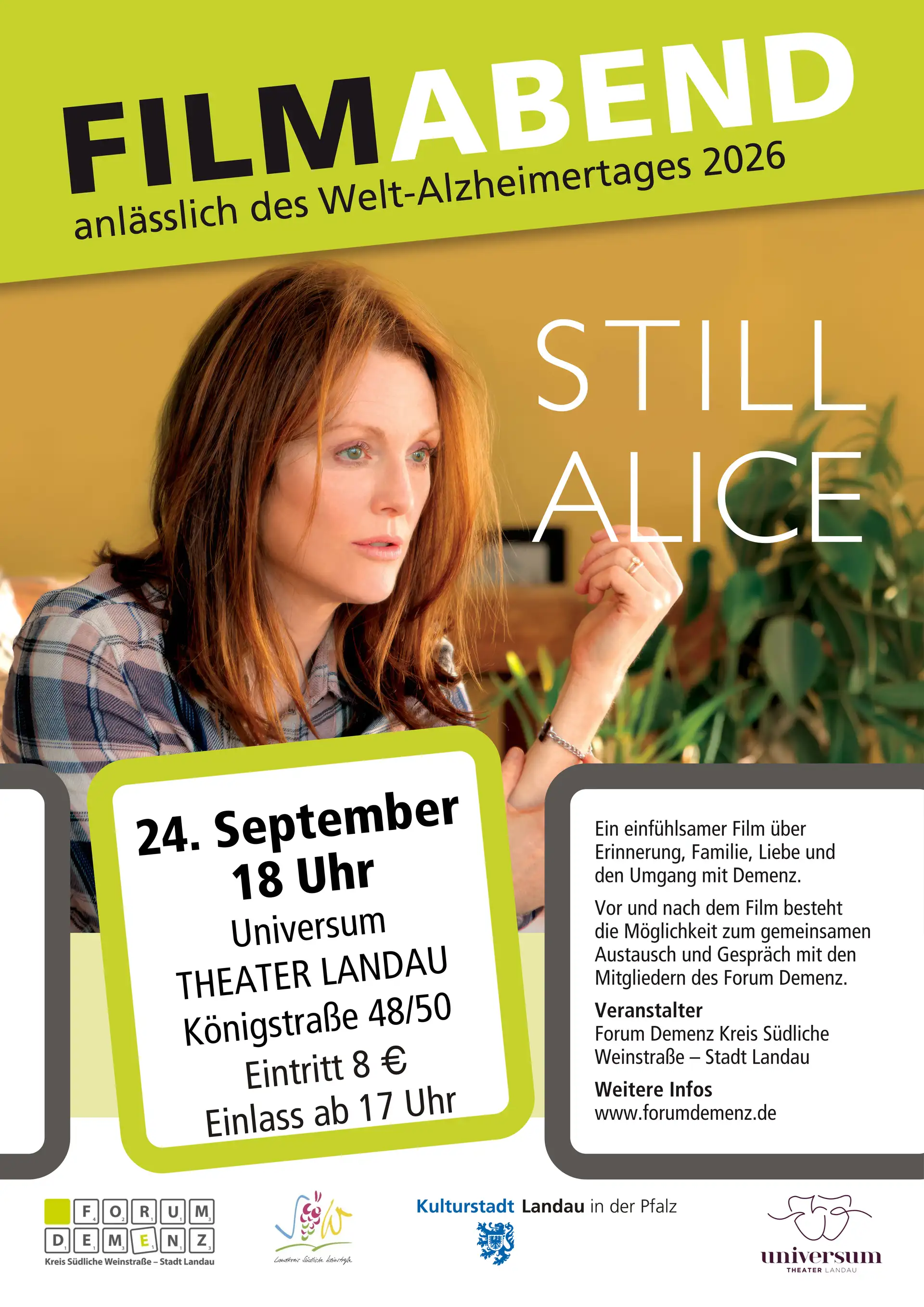 Das Forum Demenz Kreis Südliche Weinstraße - Stadt Landau zeigt anlässlich des Welt-Alzheimertages am Donnerstag, 24.