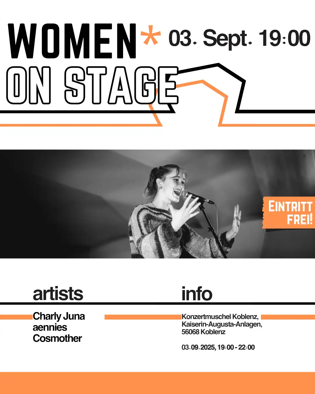 Women* on Stage 2026 Flyer (Konzertabend mit Charly Juna, aennies und COSMOTHER).