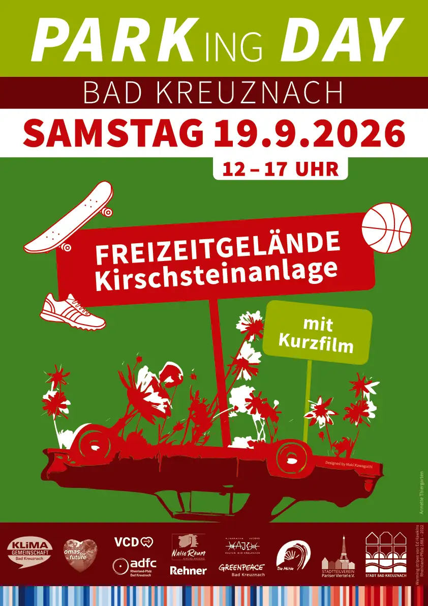 Plakat zum Park(ing)Day 2026: „Freizeitgelände Kirschsteinanlage“, Termin 19. September 2026.