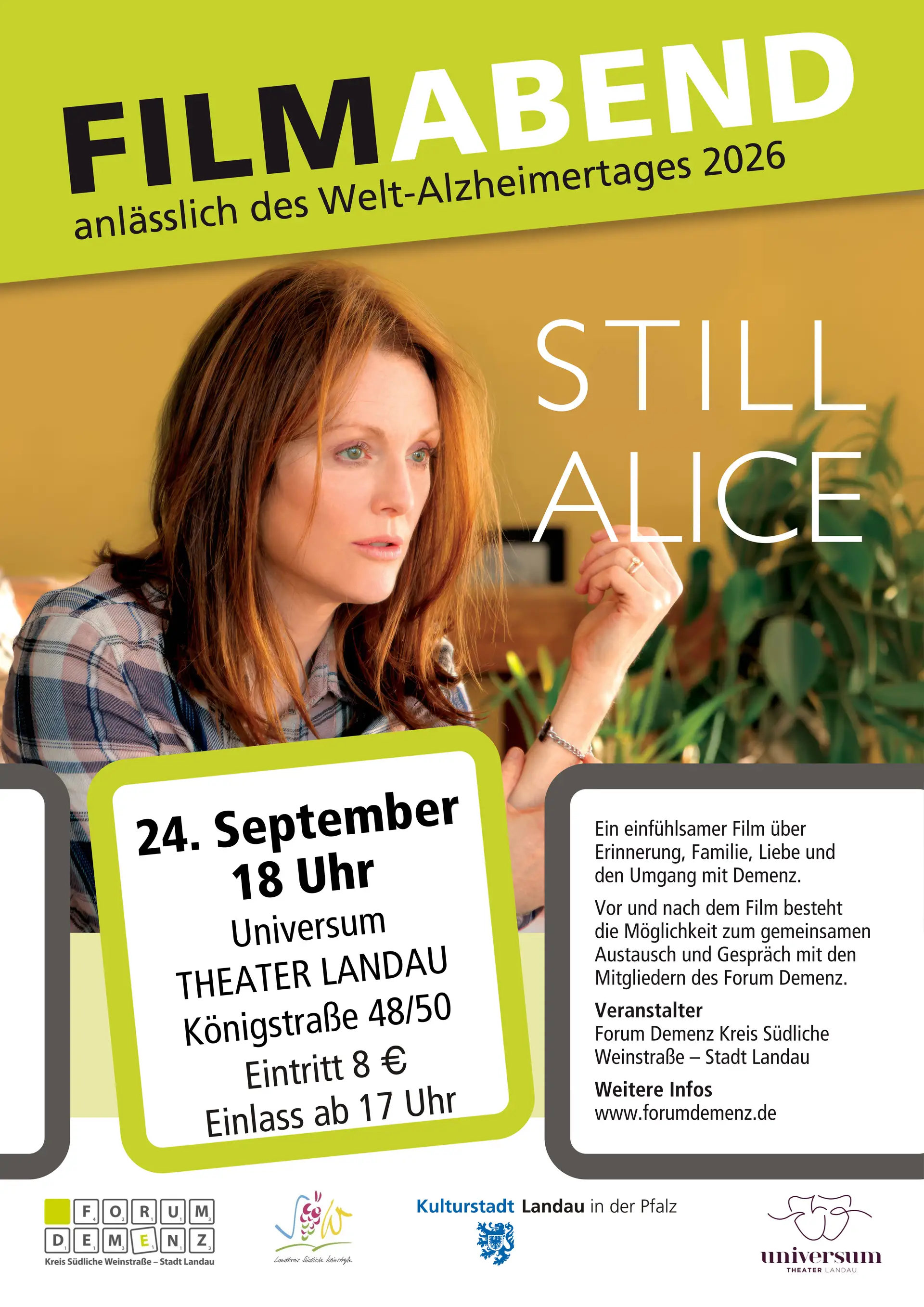 Das Forum Demenz Kreis Südliche Weinstraße - Stadt Landau zeigt anlässlich des Welt-Alzheimertages am Donnerstag, 24.