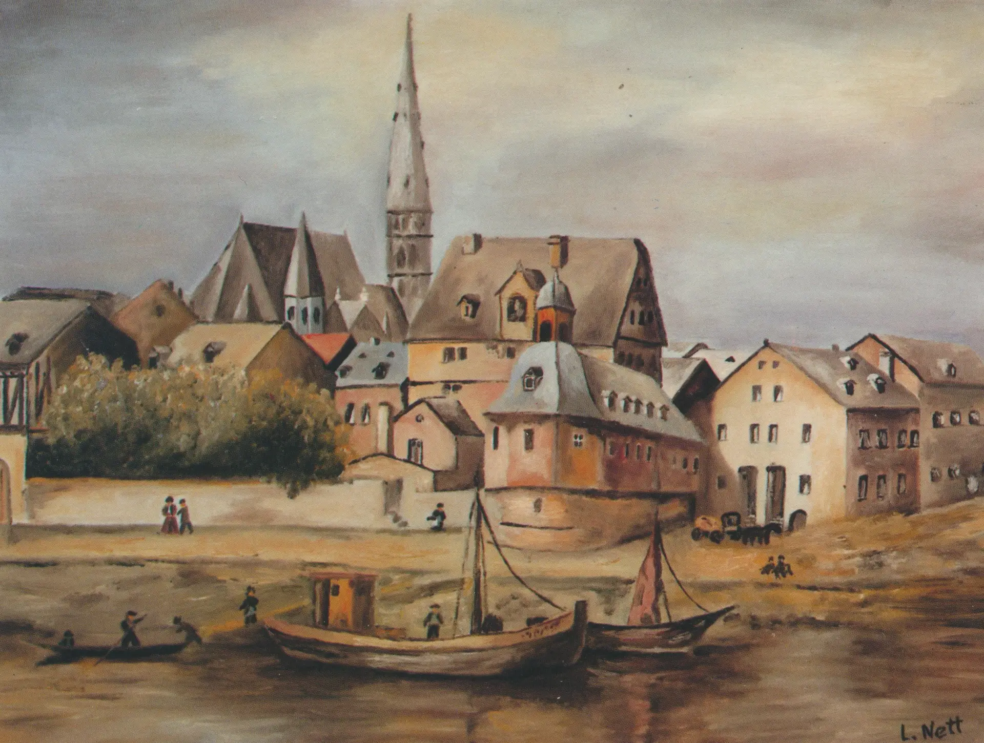 Das Wirtshaus an der Lahn um 1900, in Öl gemalt von Ludwig Nett, gedruckt als Postkarte