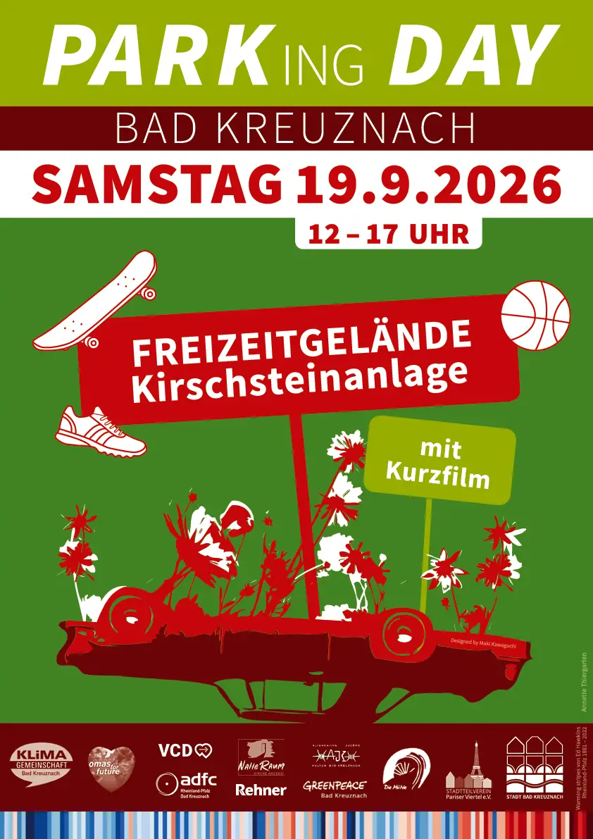 Plakat zum Park(ing)Day 2026: „Freizeitgelände Kirschsteinanlage“, Termin 19. September 2026.