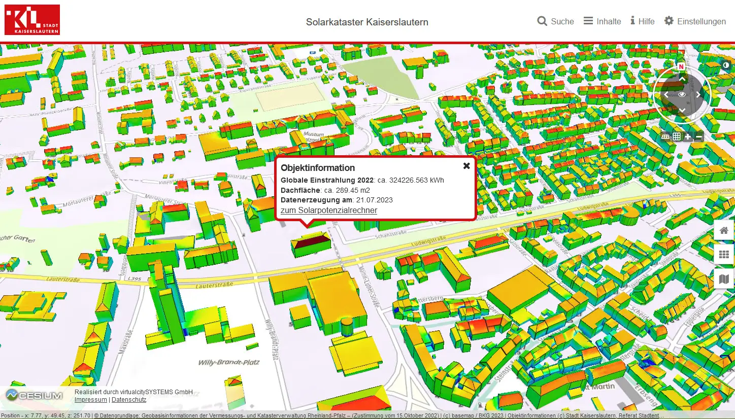 Im Geoportal sind unter anderem Solarpotenzialflächen in einem 3D-Modell der Stadt dargestellt Screenshot: Stadt Kaiserslautern