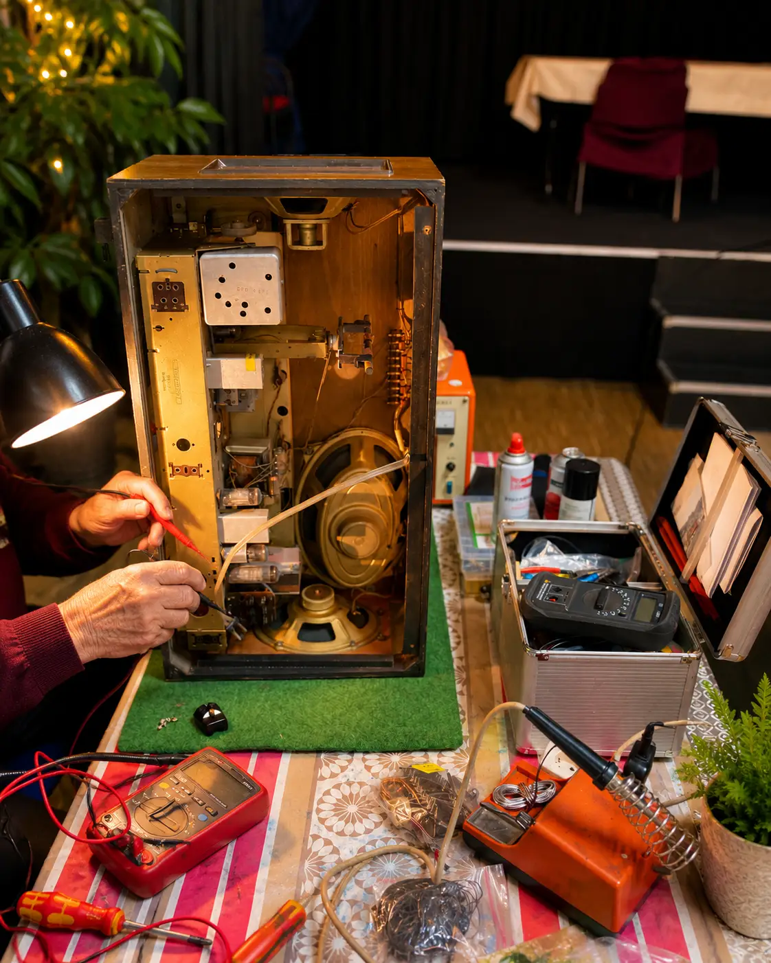 Personen reparieren in gemütlicher Atmosphäre ein Elektrogerät im Rahmen des Repair Cafés.